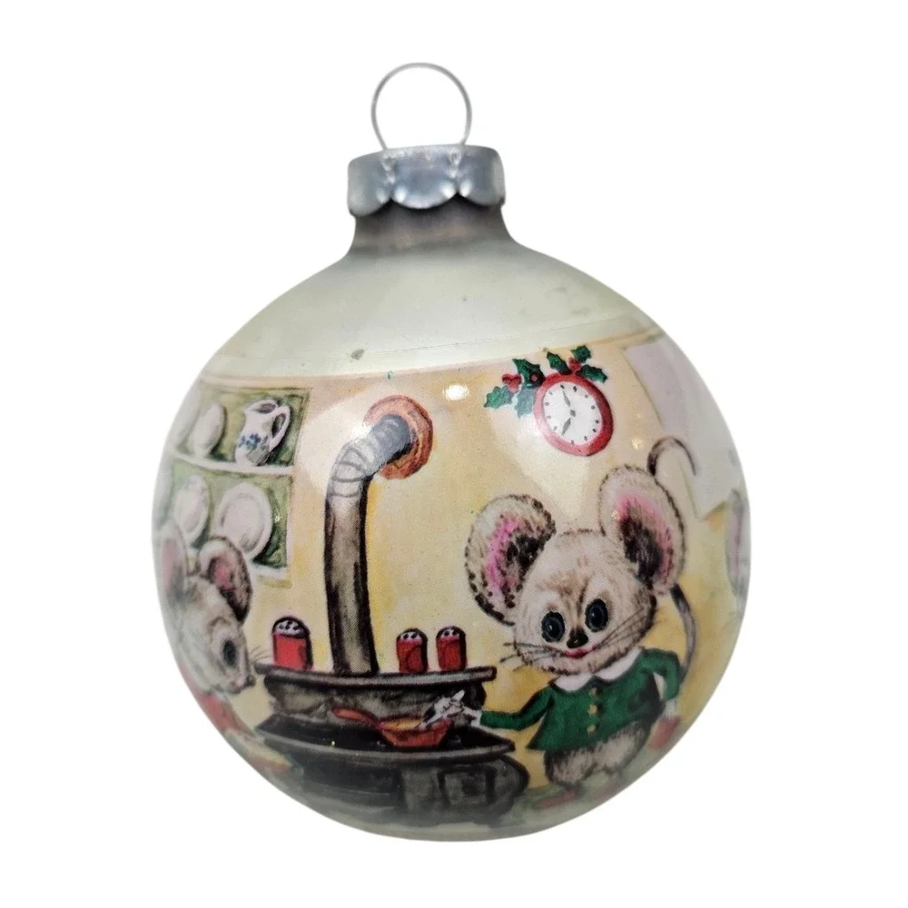 Vtg Corning Glass Works Christmas Ornaments of Mice Family Kitchen Holiday Decor